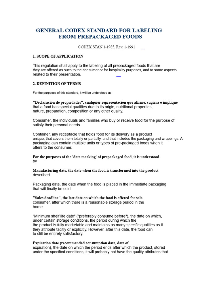 Codex Standard for Food Labeling | PDF | Calorie | Nutrition Facts Label
