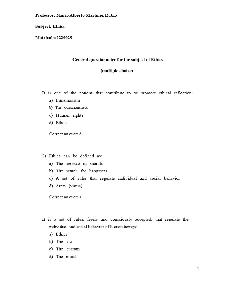 Ethics Questionnaire and Key Concepts | PDF | Free Will | Existentialism