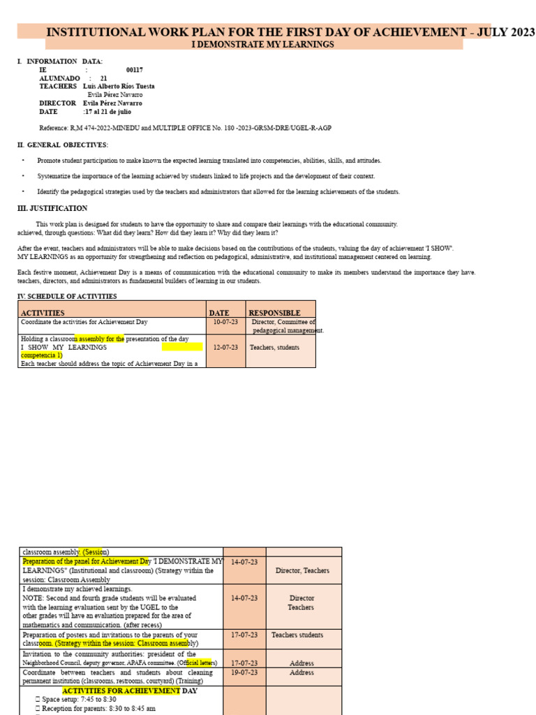 Achievement Day Work Plan - July 2023 | PDF | Learning | Classroom