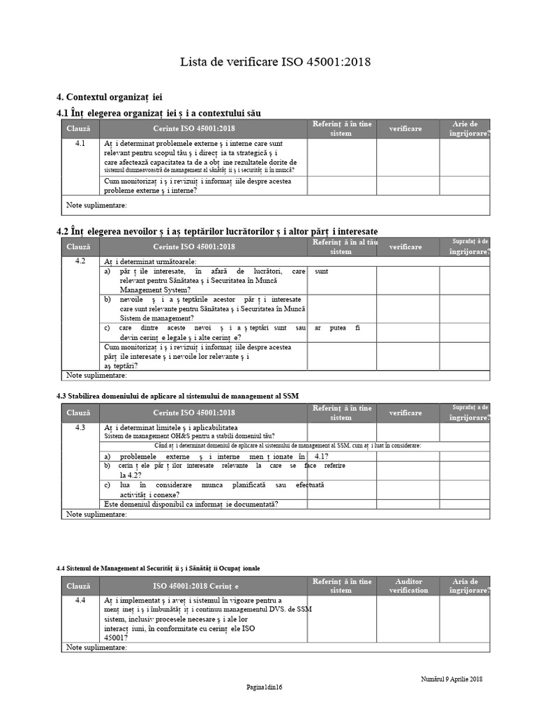 Lista de Verificare ISO 45001 - 2018 | PDF