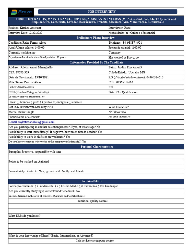 Job Interview Summary for Kitchen Assistant | PDF | Business