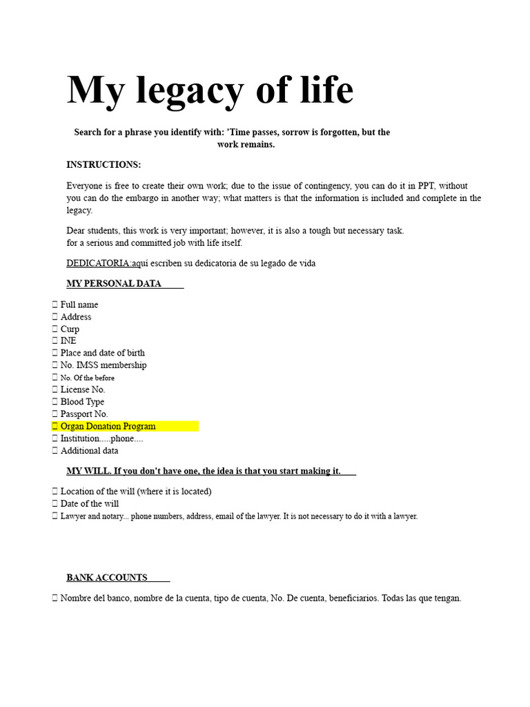 My Legacy of Life | PDF | Funeral