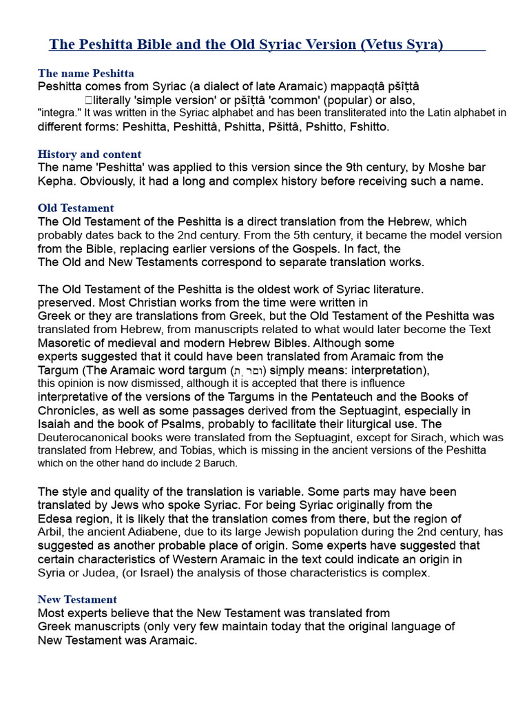Peshitta Bible: History and Versions | PDF | Bible | New Testament
