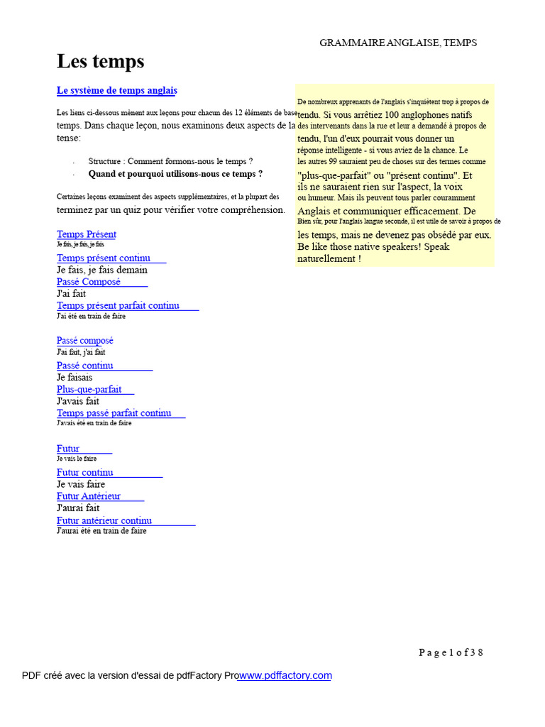 Guide des temps en grammaire anglaise | PDF | Verbe | Grammaire anglaise