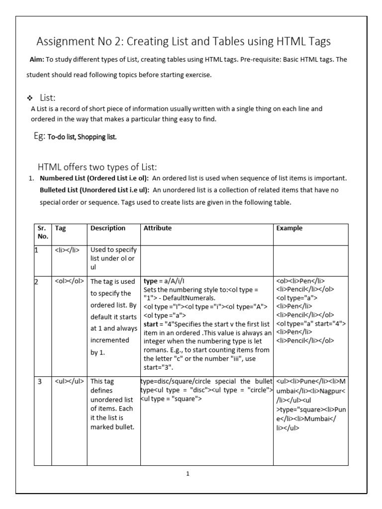 HTML Lists and Tables Creation Guide | PDF | Html Element | Html