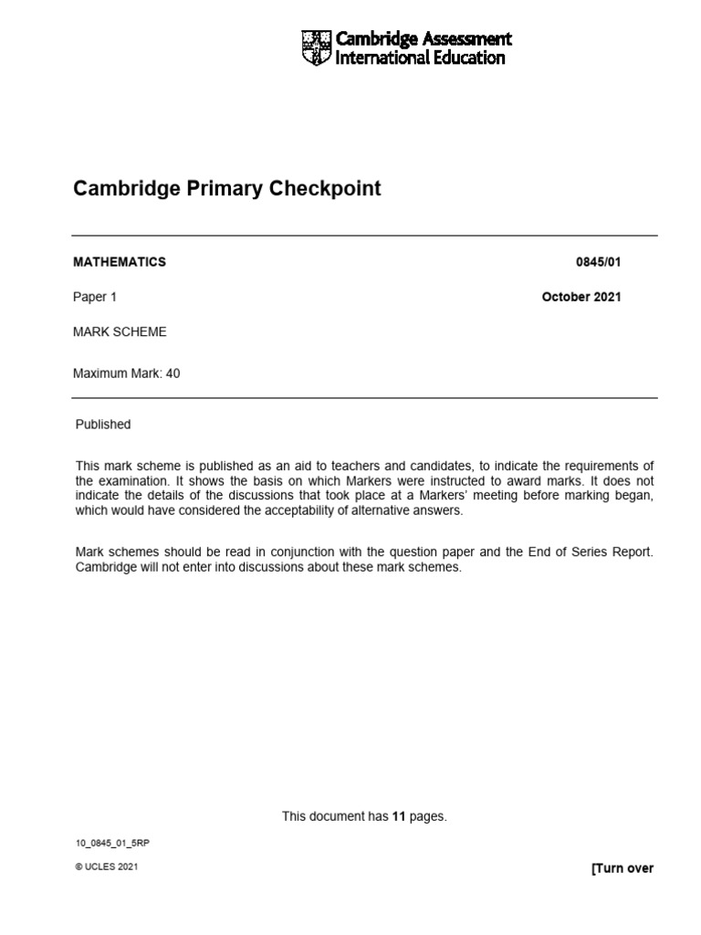 Cambridge Primary Math Mark Scheme 2021 | PDF | Multiplication ...