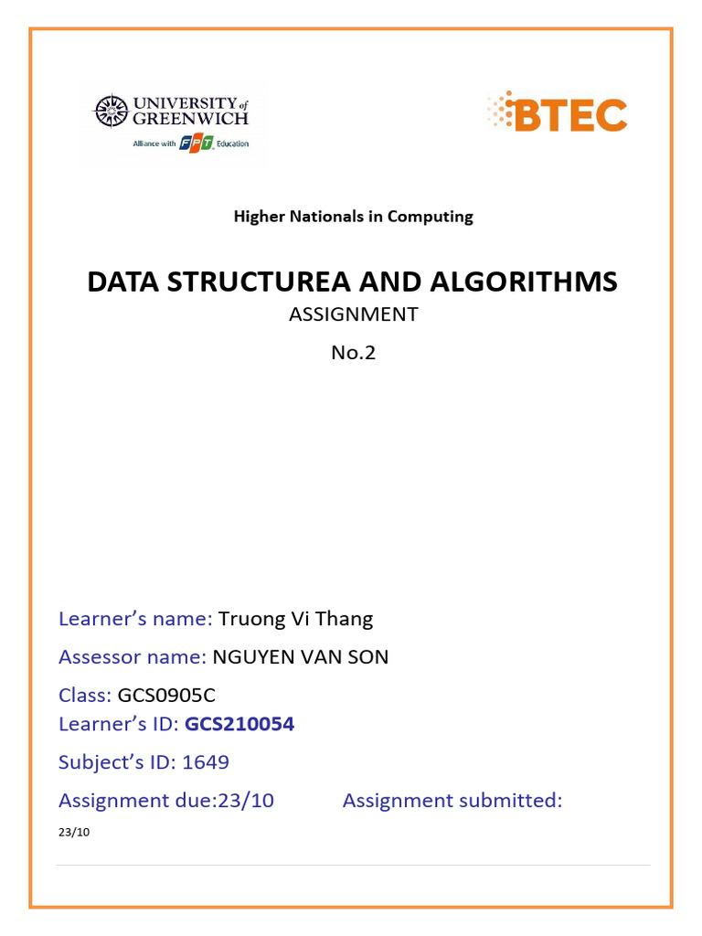 1649 GCS210054 TruongViThang Assignment2 | PDF | Algorithms | Data ...