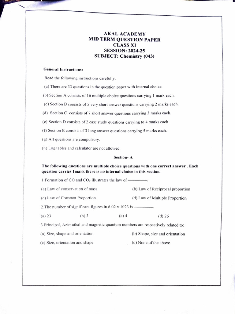 Chemistry Class 11 Mid Term Previous Year Paper | PDF | Chemical Bond ...
