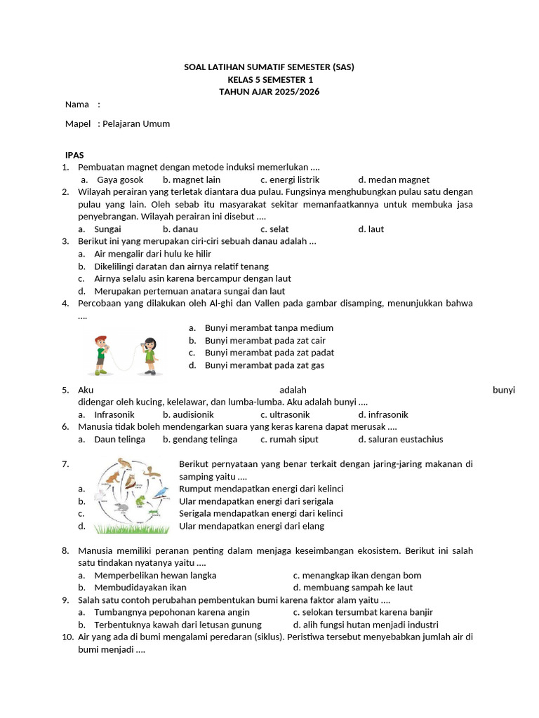 Soal Latihan Ujian Kelas 5 Semester 1 | PDF