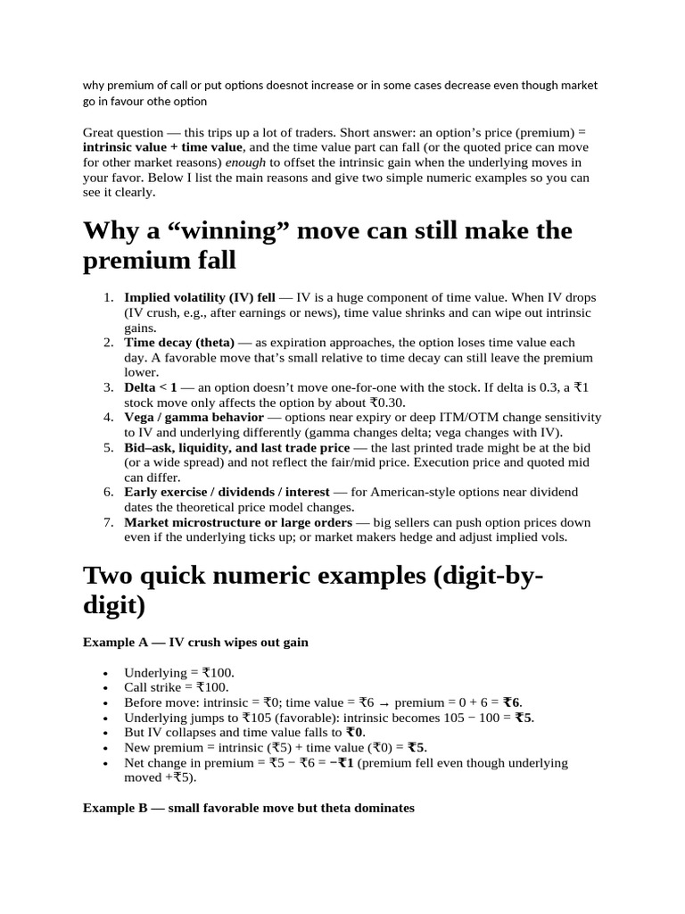 Why Option Premiums Can Fall Despite Gains | PDF | Greeks (Finance ...