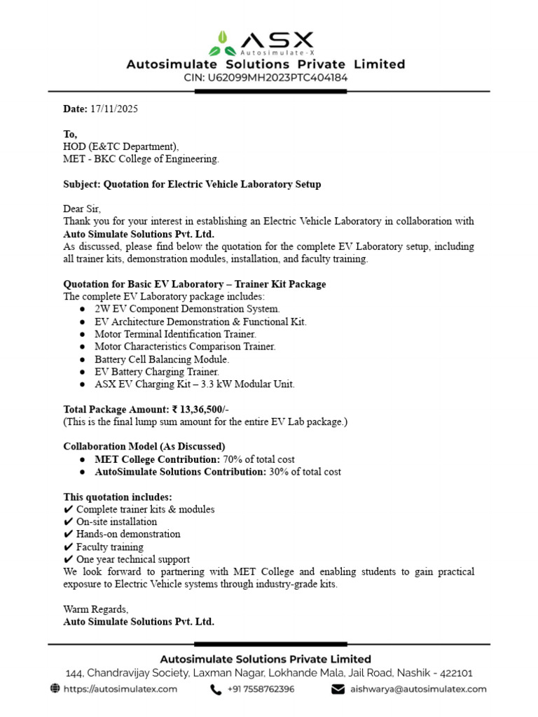 Quotation For Phase 1 - Electric Vehicle Laboratory Setup | PDF
