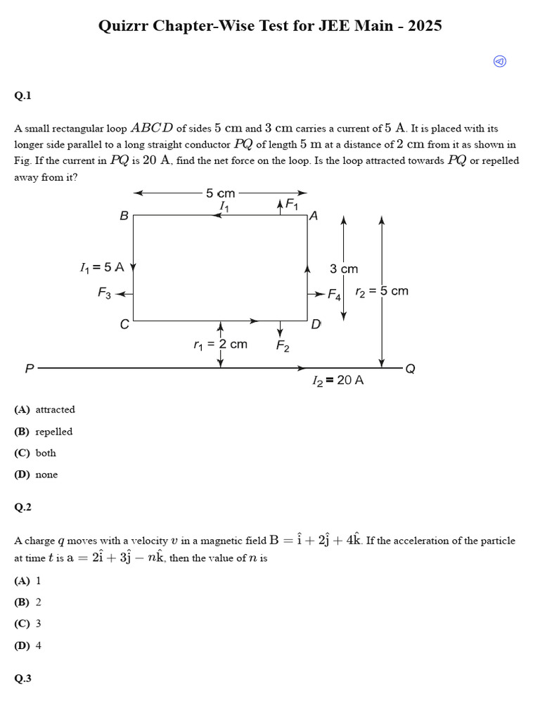 Magnetic Effects of Current - Test 3 | PDF | Magnetic Field | Electron