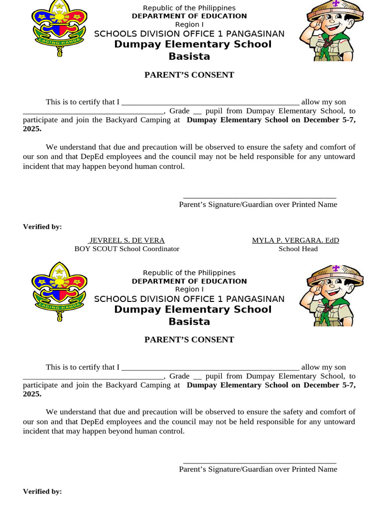 Parent Consent for Backyard Camping | PDF