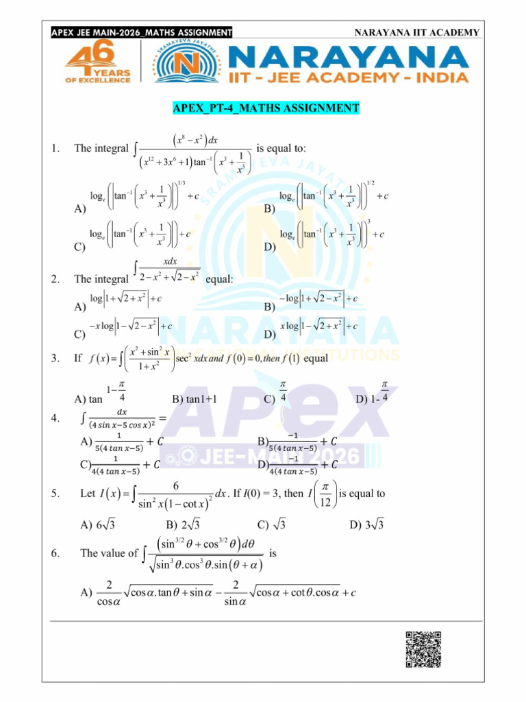 Apex Jeemain 2026 Mathematics Pt-4 Assignment | PDF