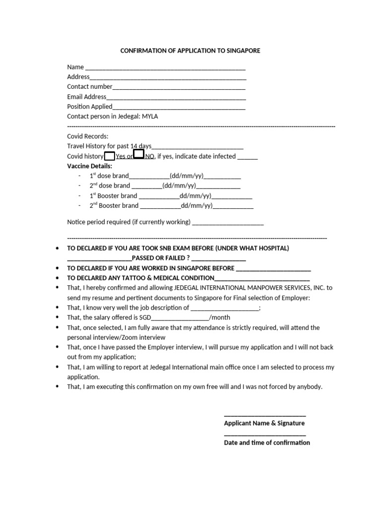 Singapore Job Application Confirmation Form | PDF | Health Disasters ...