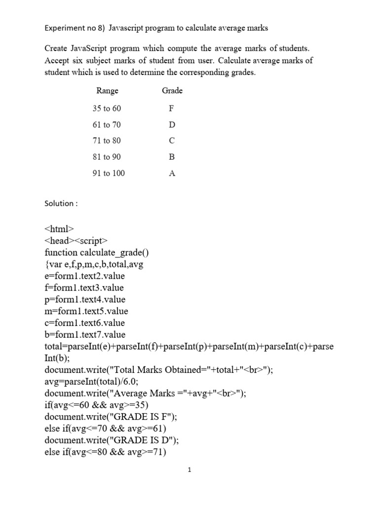 Experiment No 8 Javascript Program To Calculate Average Marks - 1 | PDF