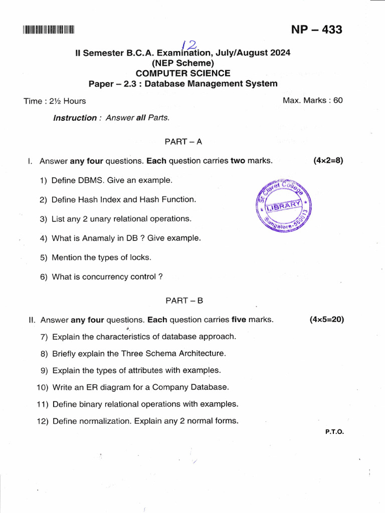 BCA Database Management Exam Paper 2024 | PDF | Databases | Computer ...