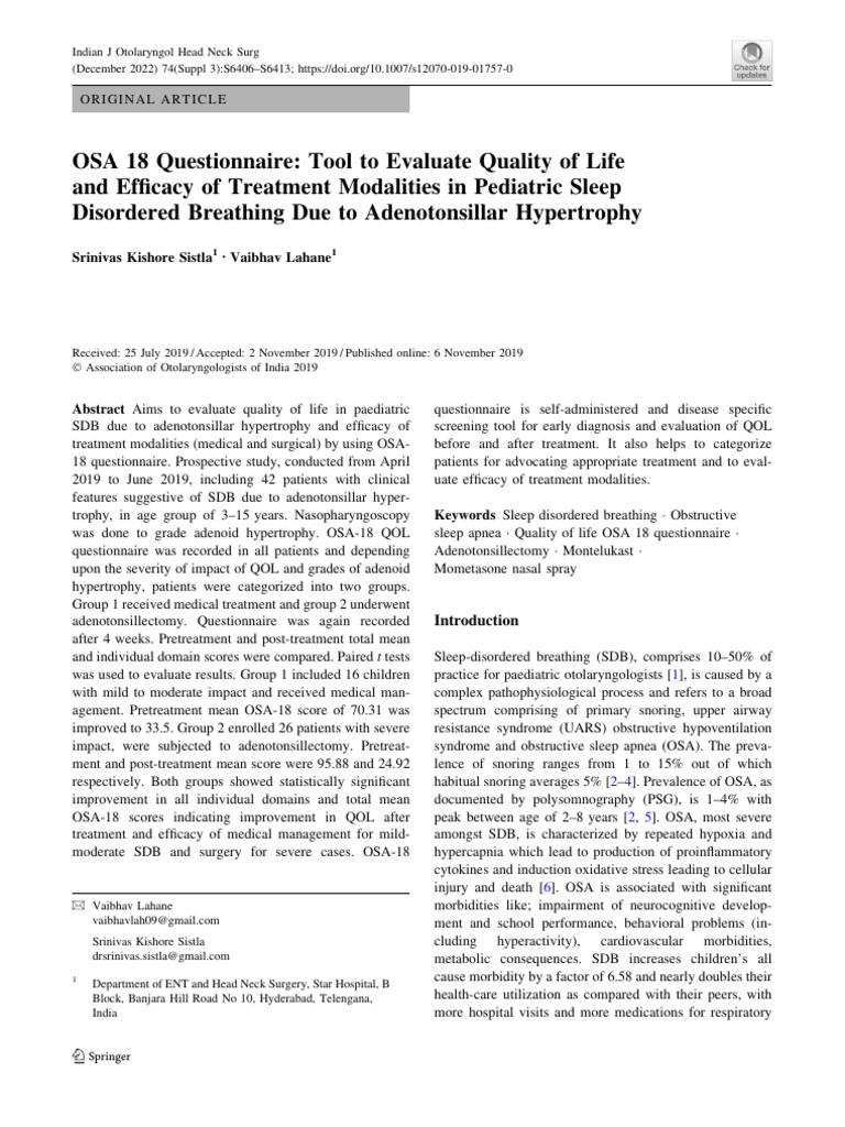 OSA-18 Questionnaire for Pediatric SDB Evaluation | PDF | Snoring ...