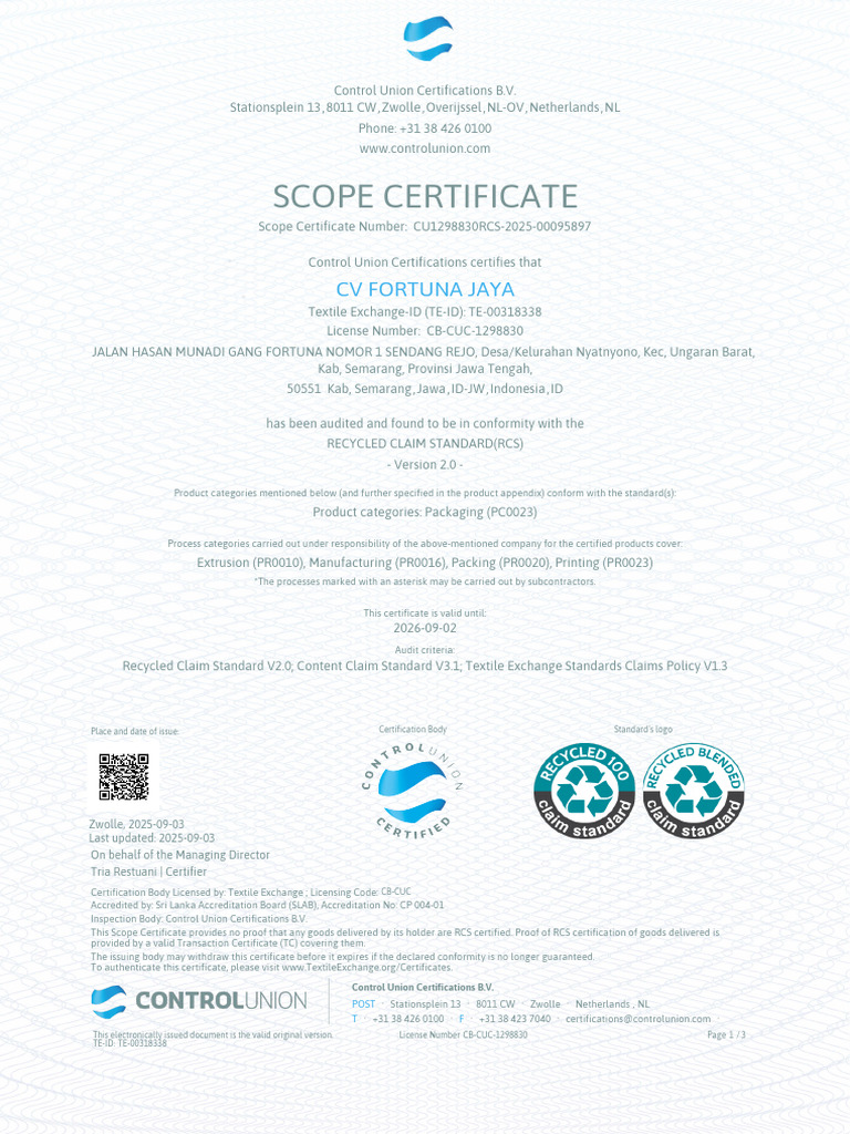 RCS Certification for CV Fortuna Jaya | PDF