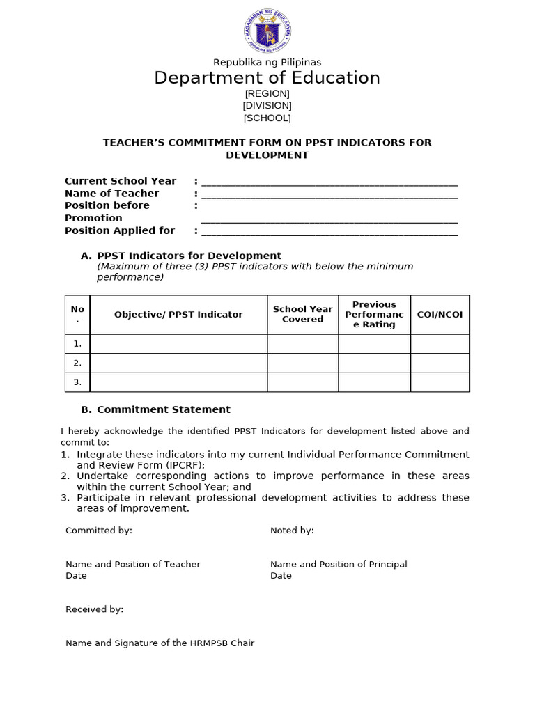 Teacher Commitment Form for PPST Indicators | PDF