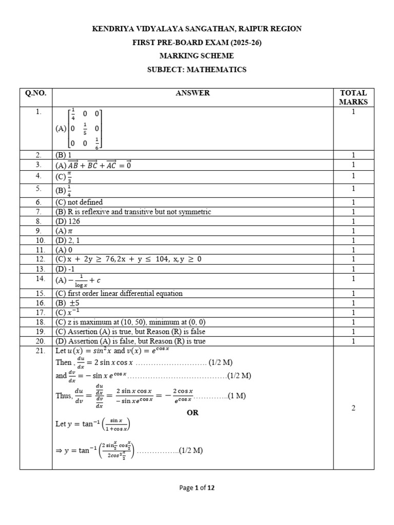 KV Raipur Region Math Pre-Board Marking Scheme | PDF | Mathematical ...