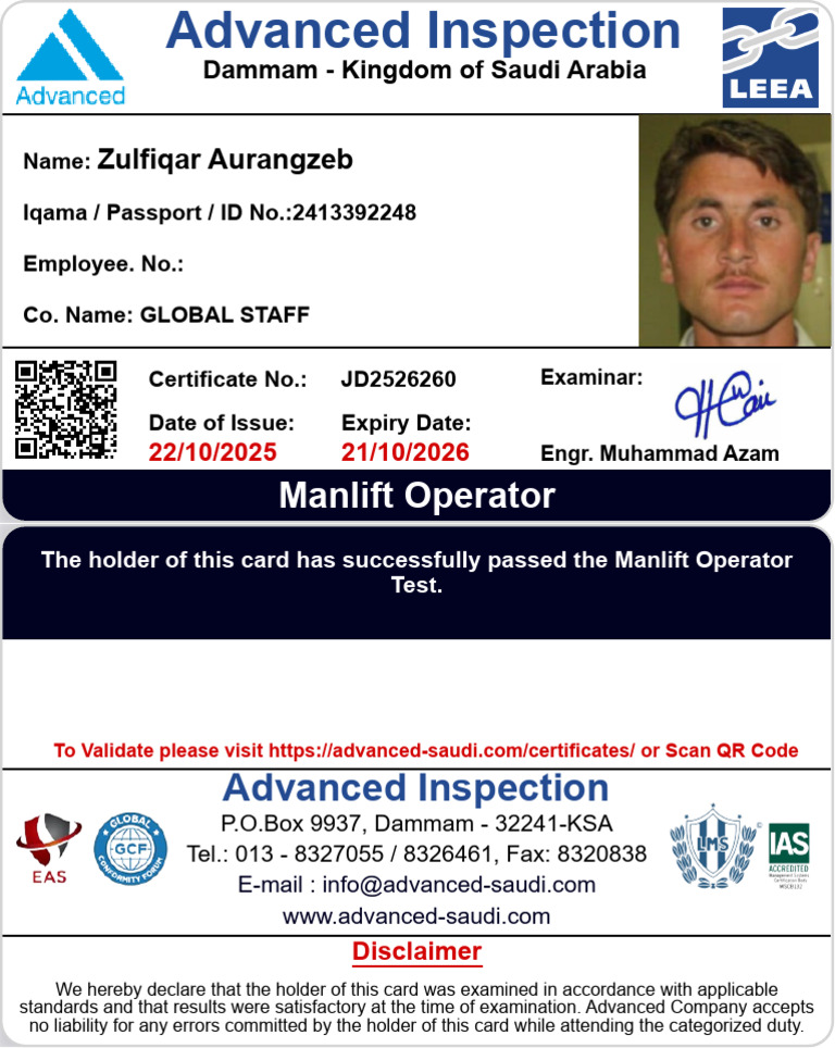 Manlift Operator Certification - Dammam | PDF