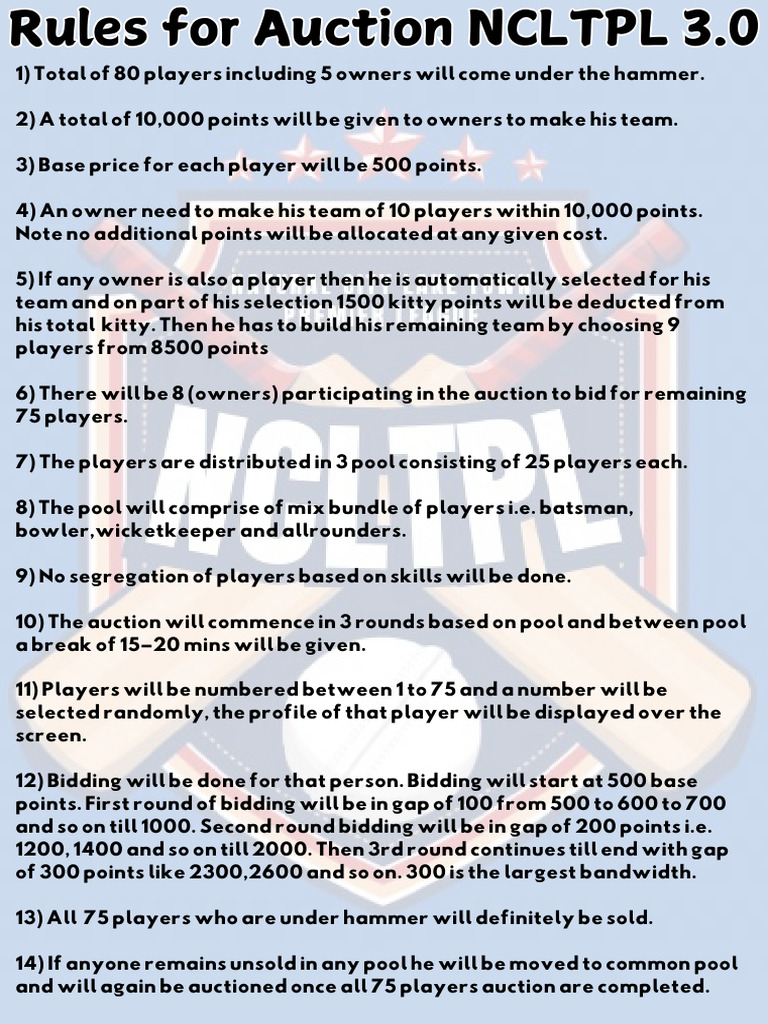 NCLTPL 3.0 Auction Rules Explained | PDF | Auction