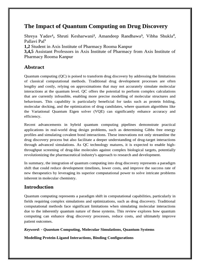Quantum Computing in Drug Discovery | PDF | Docking (Molecular) | Drug ...