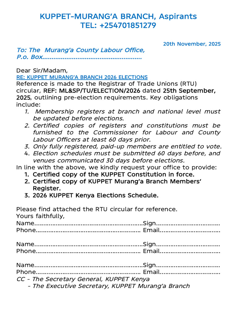 KUPPET Murang'a Branch 2026 Elections Request | PDF