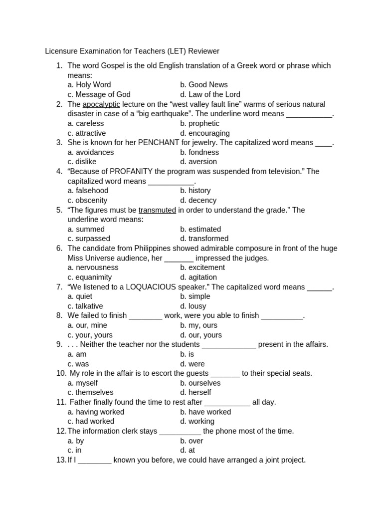 LET Reviewer: English and Literature Quiz | PDF