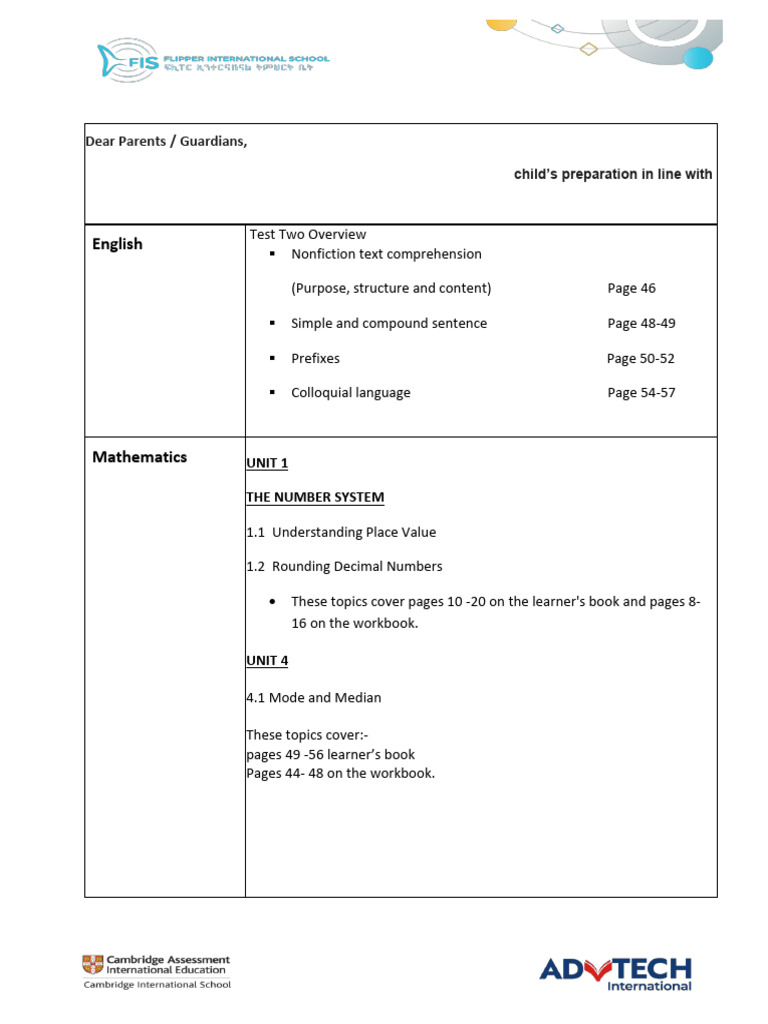 Unit Test Two Overview for Parents | PDF | Mathematics