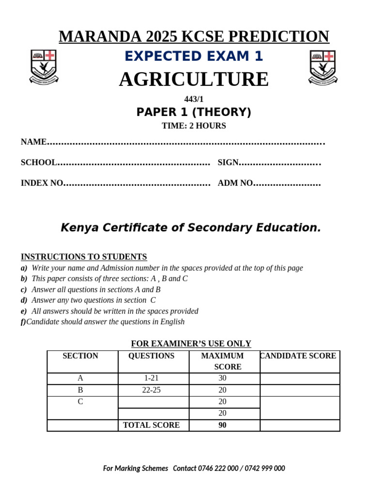 2025 KCSE Agriculture Prediction Paper | PDF | Farms | Agriculture