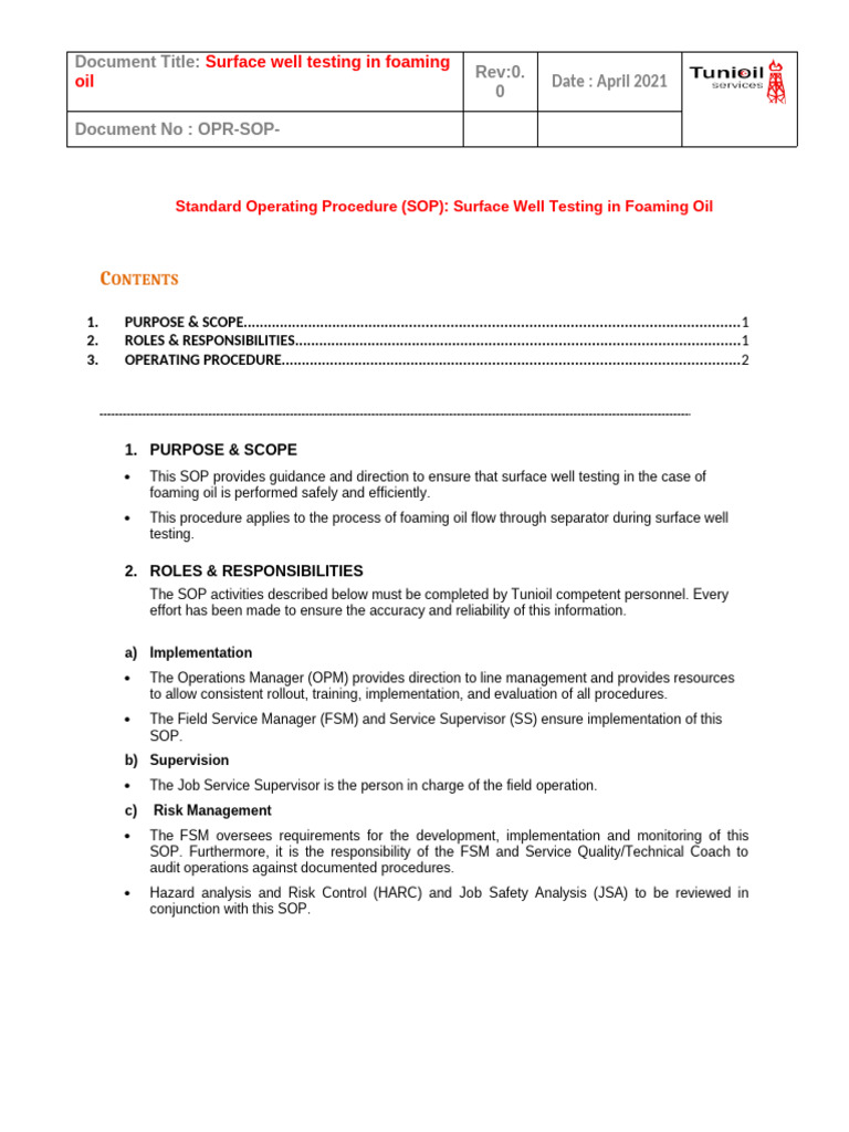 Tunioil-SWT-006 Operations in Foaming Oil | PDF | Safety | Occupational ...