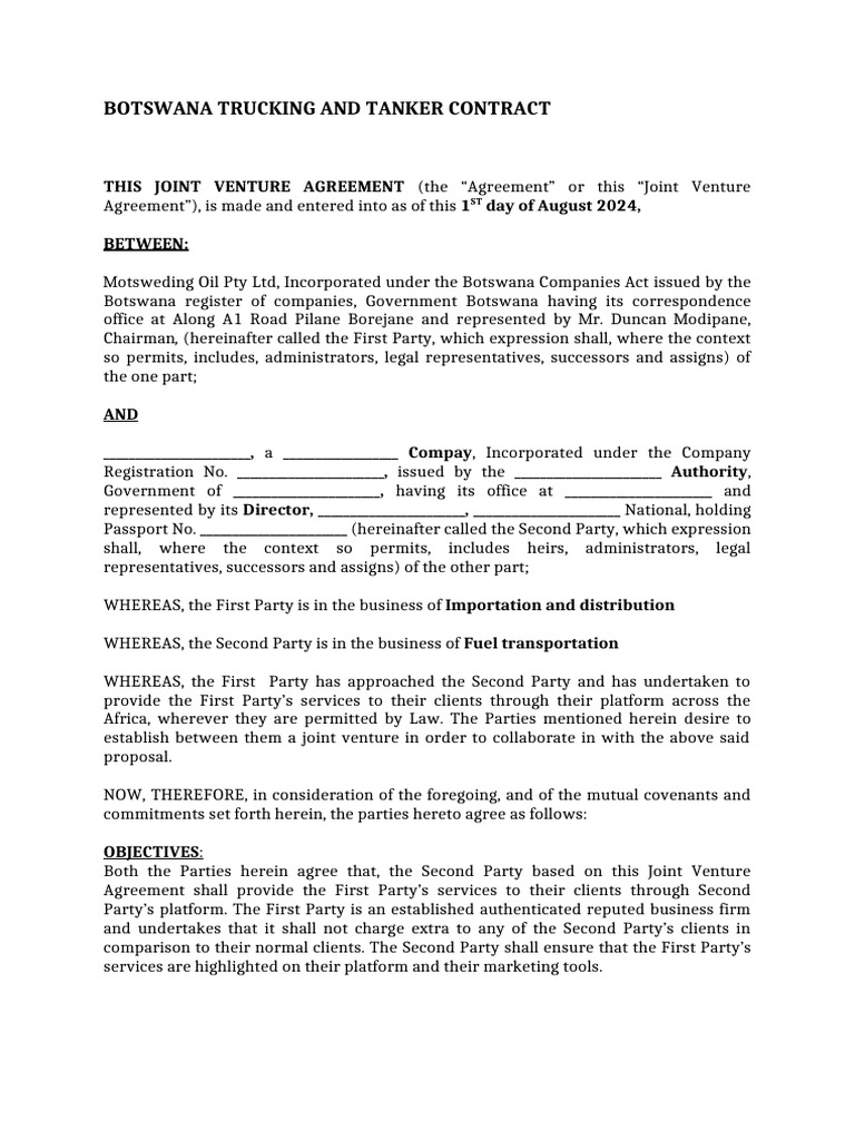 Botswana Trucking Joint Venture Agreement | PDF | Civil Law (Legal ...