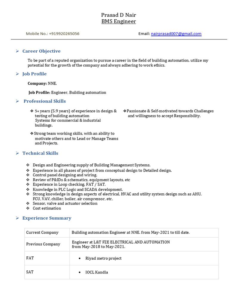 Building Automation Engineer Profile | PDF | Building Automation ...