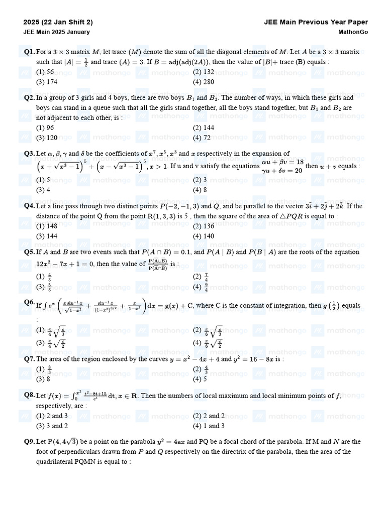 JEE Main 2025 Math & Physics Questions | PDF | Force | Electronvolt