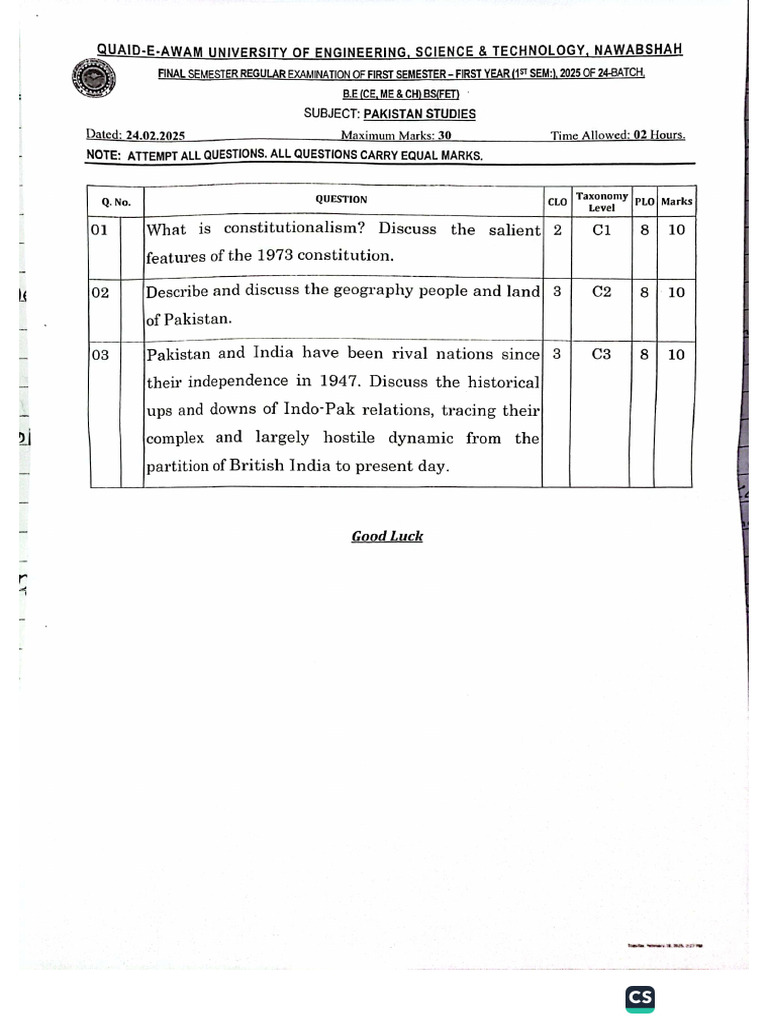 First Semester Past Paper Final | PDF