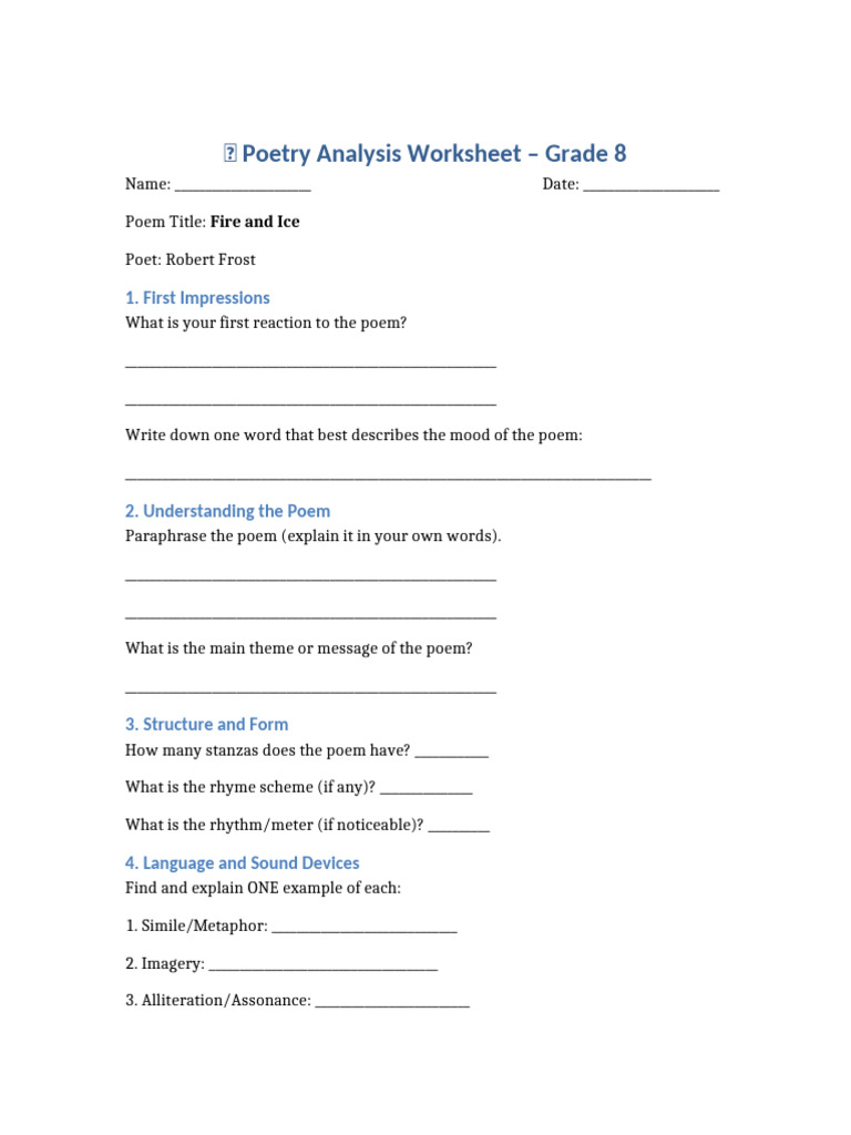 Grade 8 Poetry Analysis Worksheet | PDF