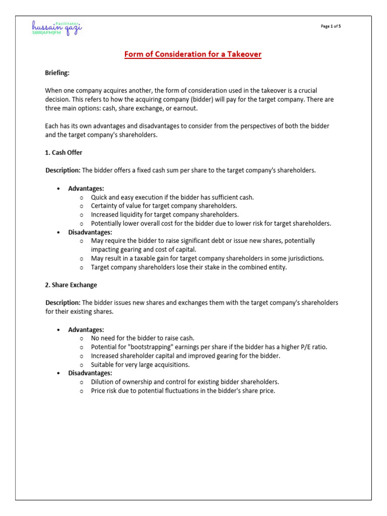 Takeover Consideration Options Explained | PDF | Mergers And ...