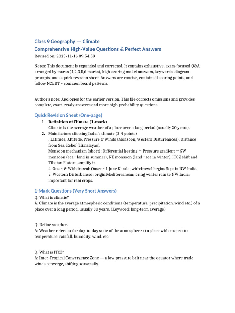 Class9 Geography Climate VIQ Revised | PDF | Monsoon | Meteorological ...