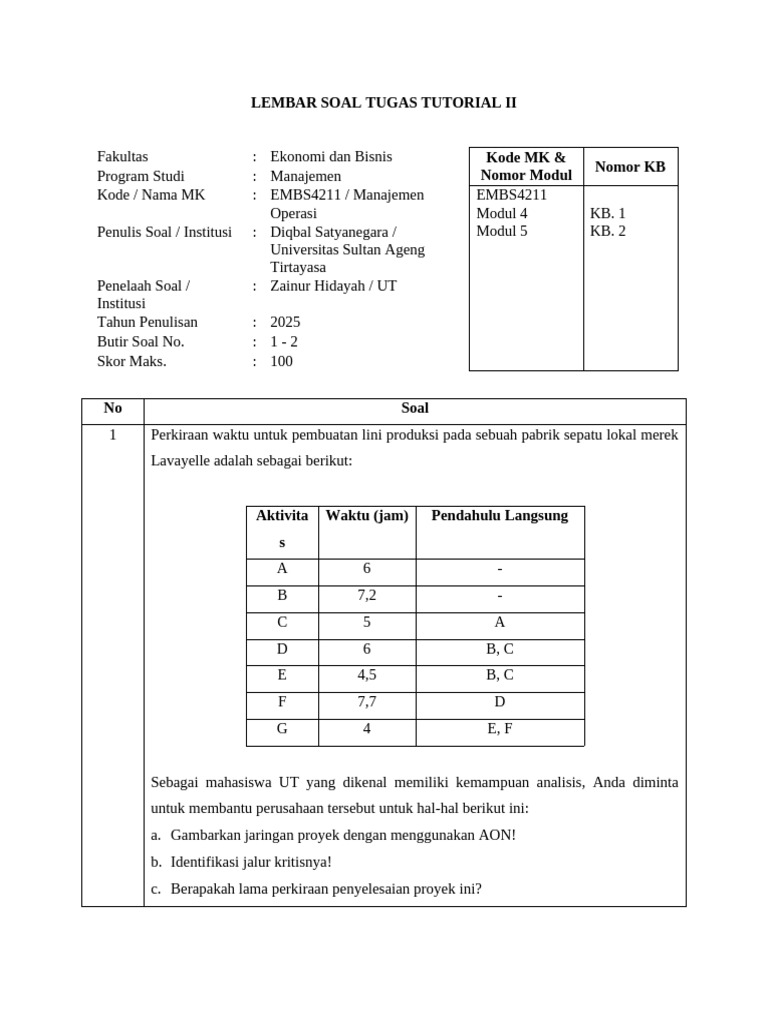 Soal Tutorial Manajemen Operasi 2025 | PDF