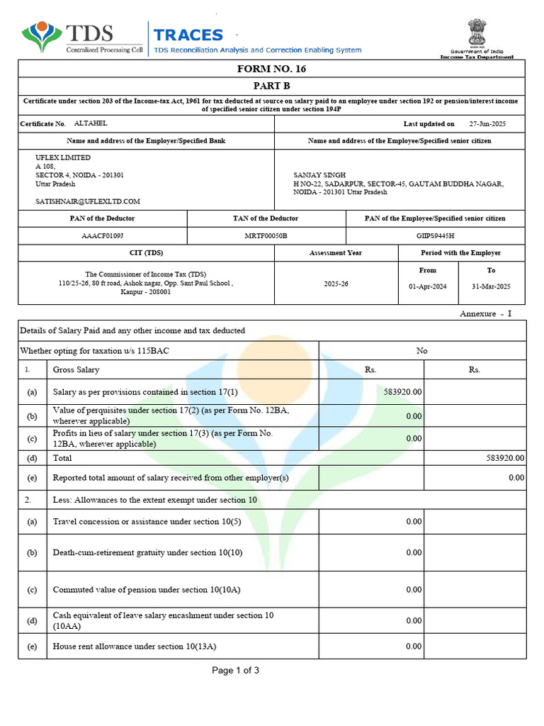 Form16 Part-B AY2024-25 | PDF | Tax Deduction | Taxes