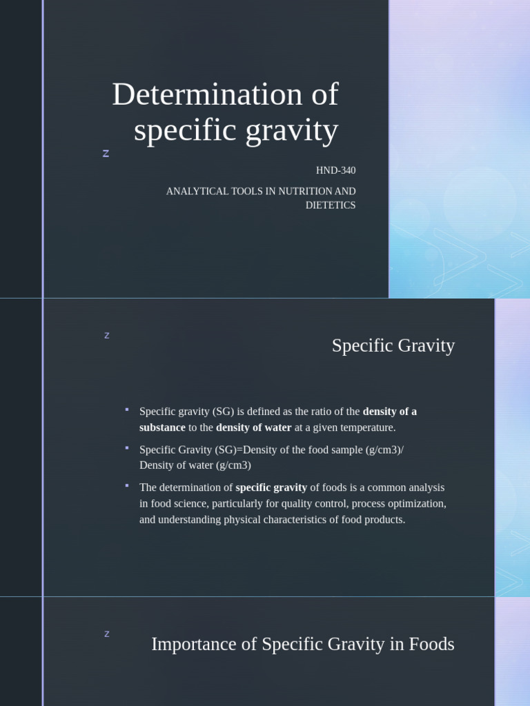 Specific Gravity Analysis in Food Science | PDF | Density | Quantity