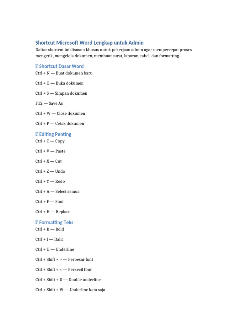 Shortcut Word Admin Lengkap | PDF