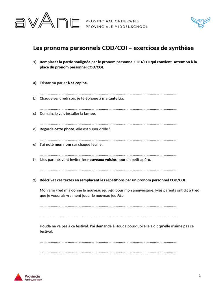 Exercices sur les pronoms COD/COI | PDF