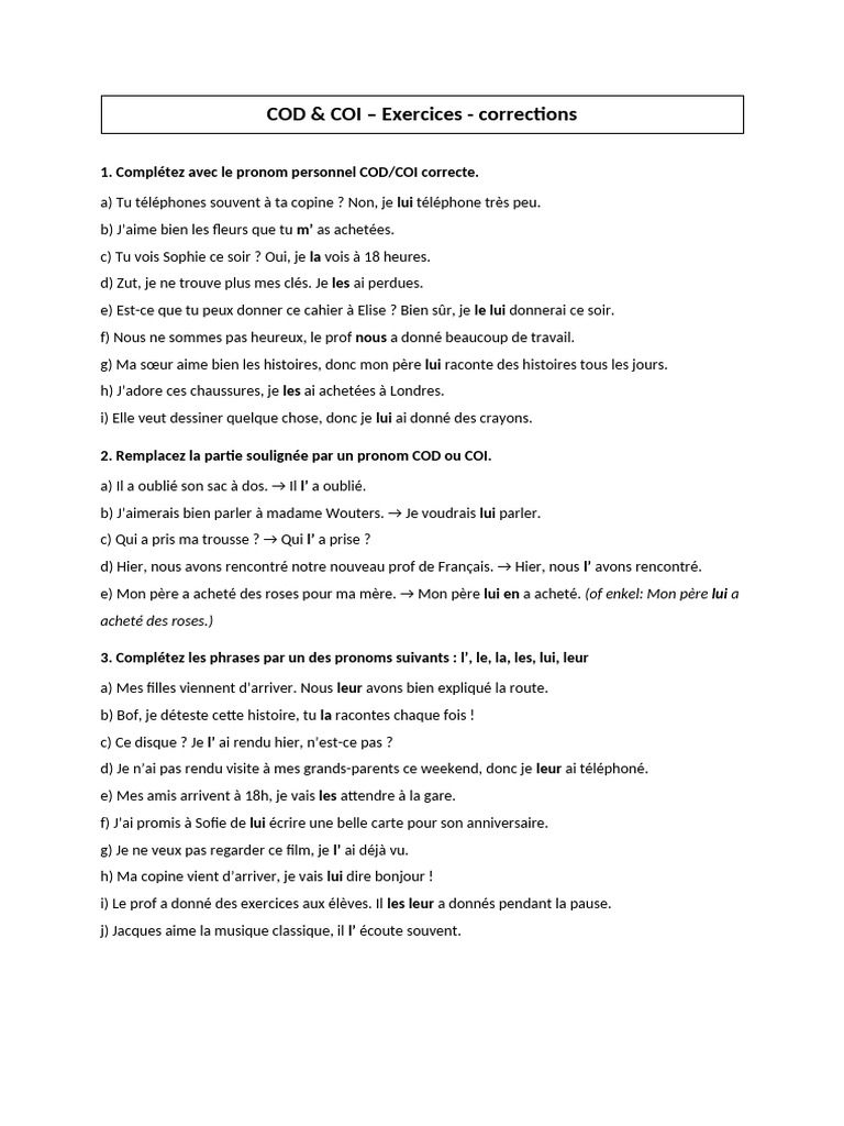 Exercices sur COD et COI en français | PDF
