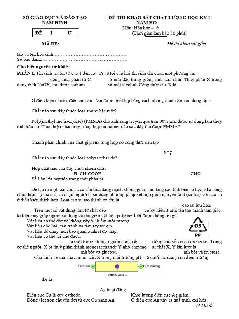 De Hoc Ky 1 Hoa Hoc 12 Nam Hoc 2024 2025 So Gddt Nam Dinh (1) | PDF