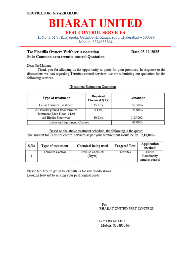 Termite Control Quotation for Community | PDF