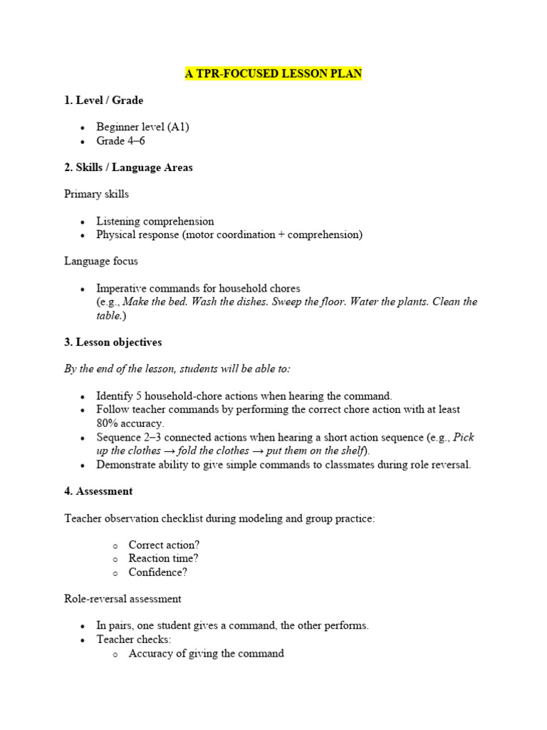 A TPR-focused Lesson Plan | PDF | Human Communication | Teaching