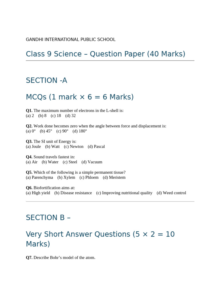 Class 9 Science Question Paper - GIPS | PDF